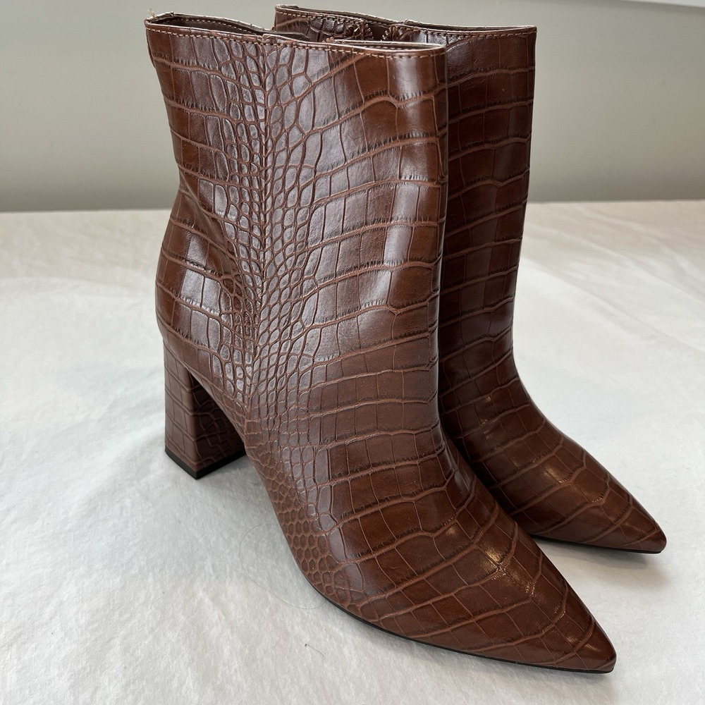 Womens Nine West Cacey 9X93 Leather Pointed Toe Ankle Boots Dark Natural 7.5